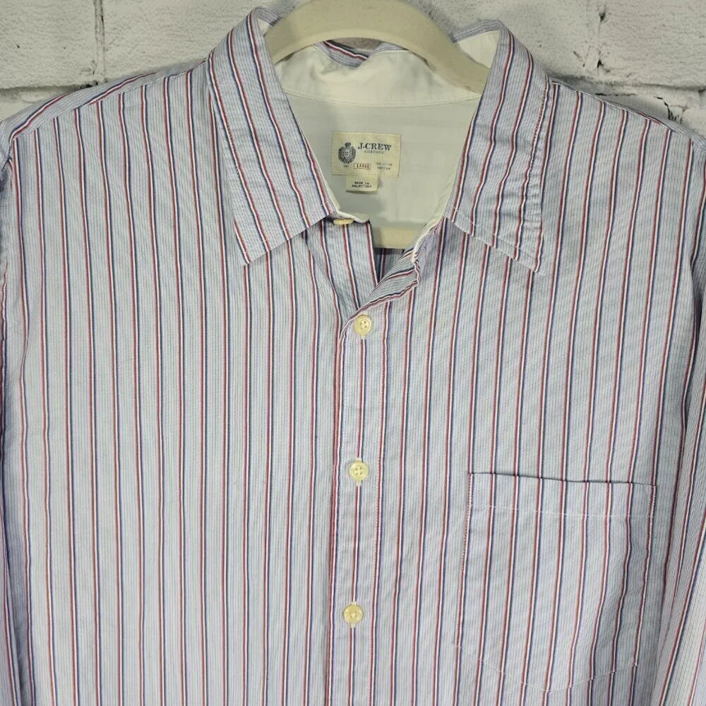 J. CREW MENS BUTTON DOWN LONG SLEEVE SHIRT BLUE STRIPED WHITE CUFF SIZE LARGE